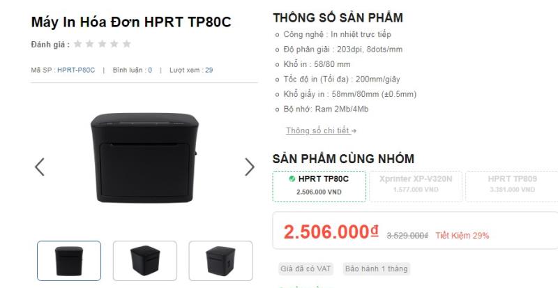 Máy in hóa đơn bản HPRT TP80C có giá thành bao nhiêu?